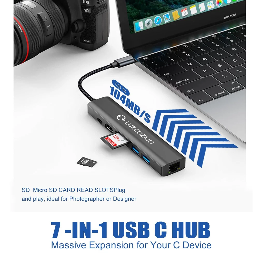 USB Hub 3.0, 7 in 1 USB Hub with 1000M Ethernet, 4K HDMI, 2 USB3.0, 100W PD, ...