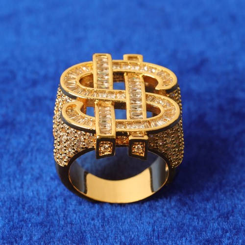 24K Gold Plated Dollar Sign Ring Baguette CZ Copper Hip Hop Rapper Jewelry - Picture 7 of 10