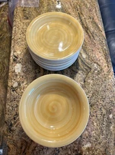 Philippe Richard Yellow Swirl Hand Painter Bowls (6) & Bread Plates (11)