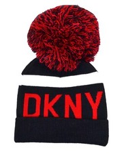 DKNY Designer Women's Logo Stadium Pom pom Beanie Hat Black Red 39