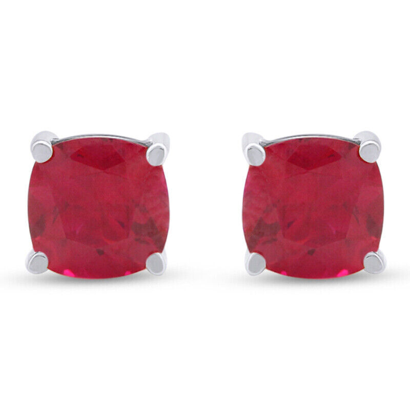 Sterling Silver Solitaire Stud Earrings with Cushion Cut Simulated Ruby-image