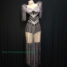 Women Silver Fringes Rhinestones Bodysuit Singer Dance Stage Costumes Jumpsuit
