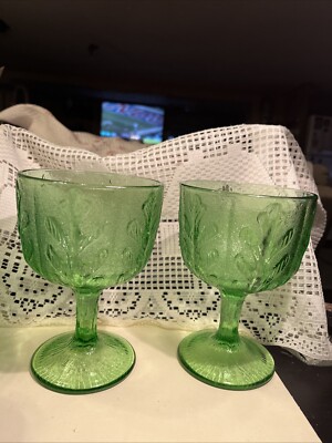 Two Green Goblets Embossed With  Oak Leaves  Pattern FTD 6.5 Inches Tall 