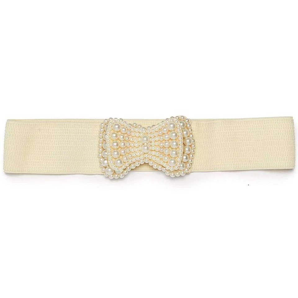 Banned Retro Vintage Rockabilly Taillengürtel Stretch Gürtel - Pearl Creme - Bild 1 von 1
