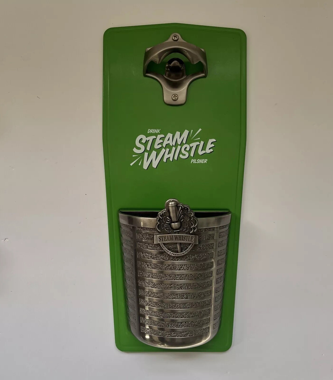 Steam Whistle Metal Beer Opener Fridge Wall Mount w Catch Basin Bar Bottle Opener-image