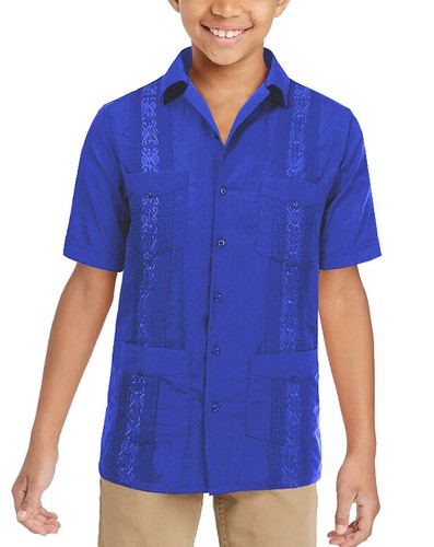 Boy's Embroidered Short Sleeve Wedding Baptism Kids Button-Up Guayabera Shirt - Picture 21 of 26