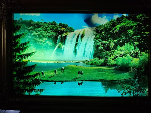 Vintage 26" X 18" Framed Gold Moving Waterfall Horses Lake With Sound & Light Up - Picture 2 of 15