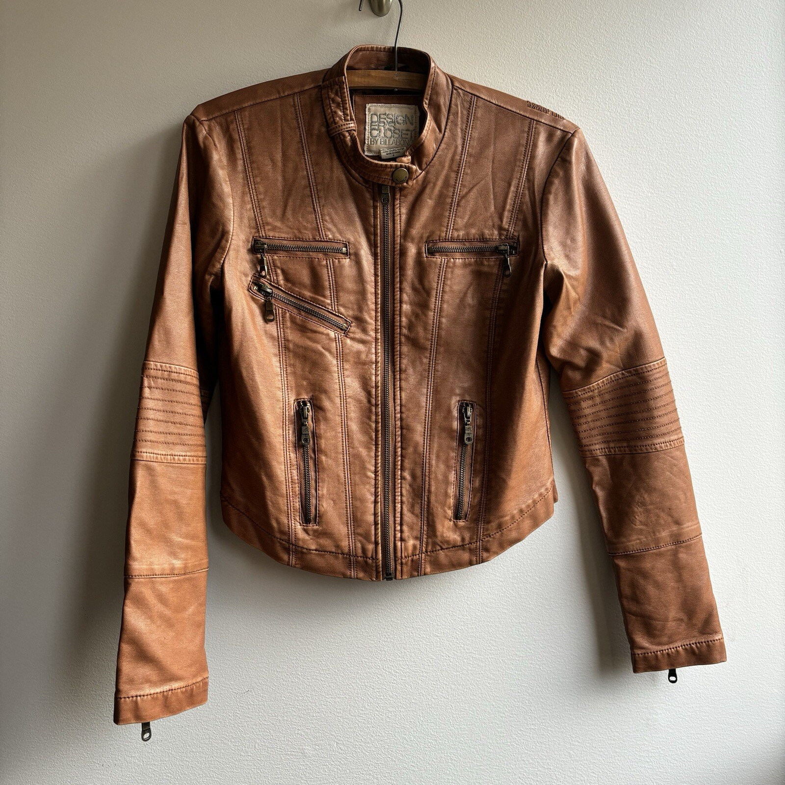 BILLABONG 9Os Faux Leather JACKET Moto ZipUP Lined Tan ZIPPERS Pockets ROCKER SM