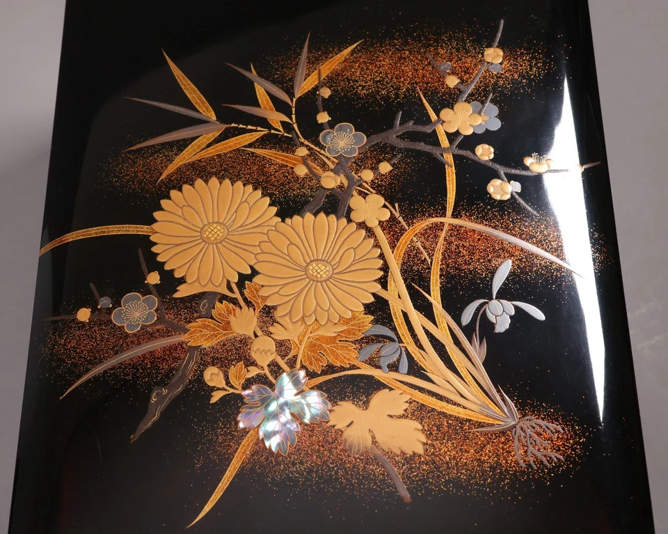 Japanese Lacquer Document Box 11.3inch Gold Four Gentlemen Calligraphy Tool - Image 4 of 4