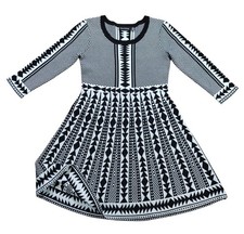 Nina Leonard Dress Black, White Geometric Pattern, 3/4 Sleeves & Scoop Neck S.