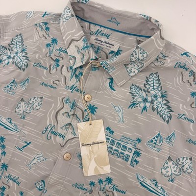 Tommy Bahama Button Down Mens XXL Grey Coconut Point Shore Front Hawaiian Shirt