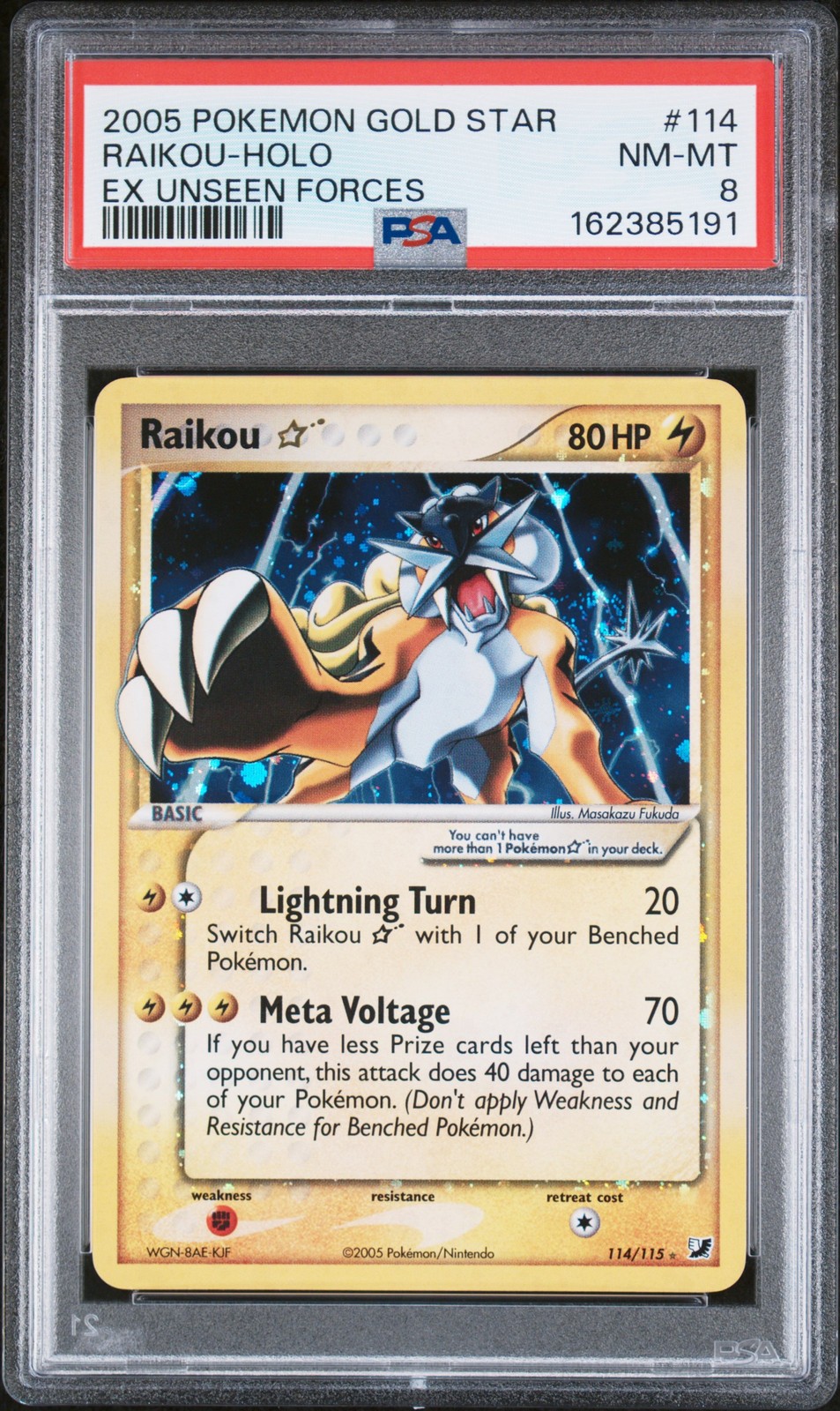 2005 POKEMON EX UNSEEN FORCES GOLD STAR #114 RAIKOU-HOLO PSA 8