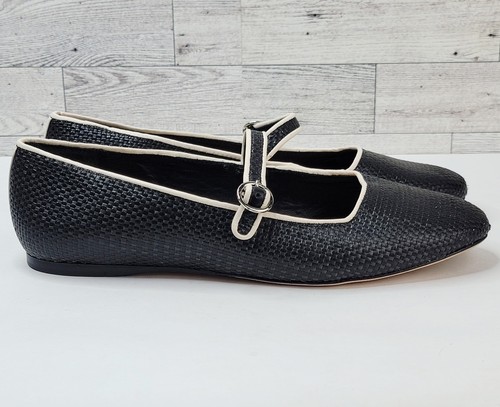Antonio Melani 8.5M Ruth Raffia Mary Jane Black Beige Ballet Flats Career Shoes - Picture 5 of 10