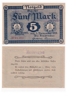 Zella St. Blasii Mehlis Stadtrat 5 Mark 1. Nov. 1918 E kassenfrisch