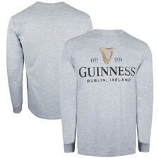 Guinness Harp Men's T-Shirt Grey Logo Long Sleeve Top - New