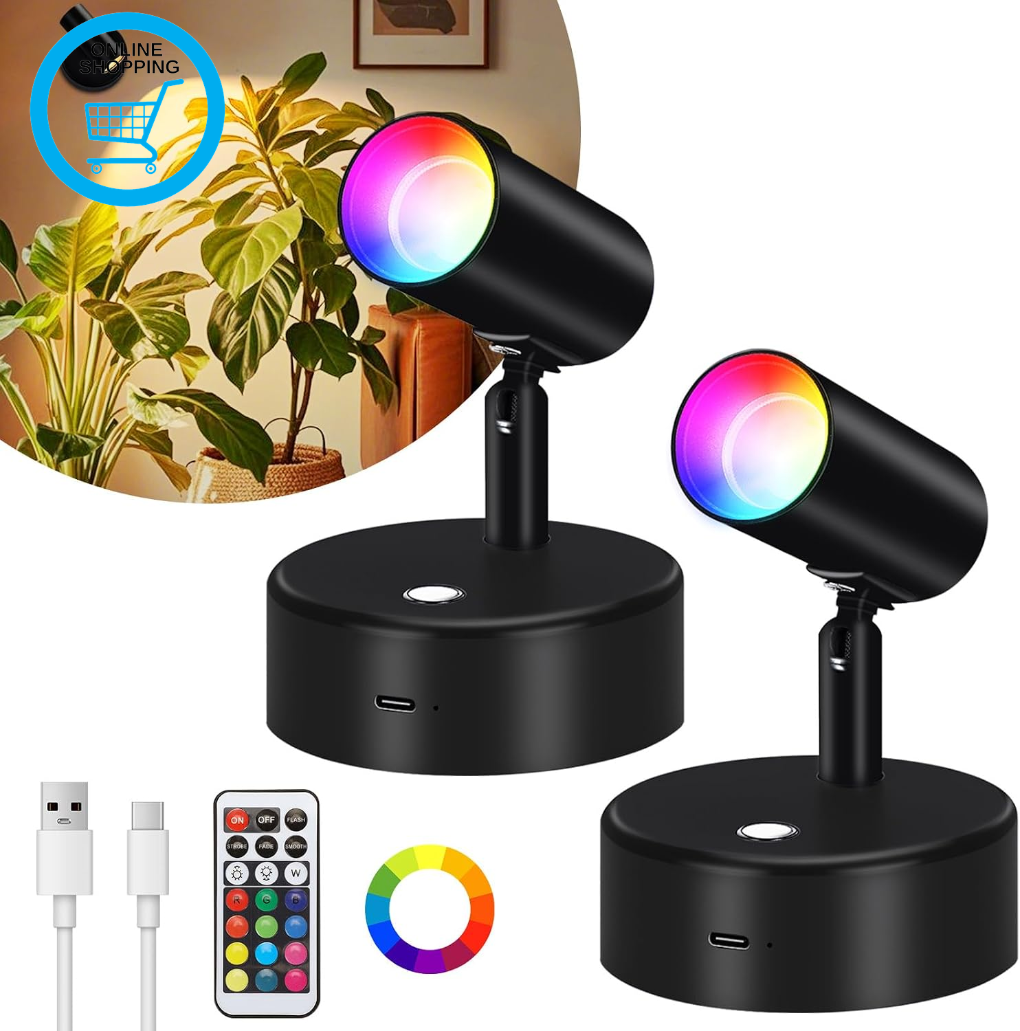 Battery Spot Lights Set of 2, 5500Mah Rechargeable Spotlights Indoor with Remote