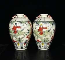 Par de jarrones antiguos de porcelana de la dinastía Song de 12,7" de la historia del personaje de Wucai