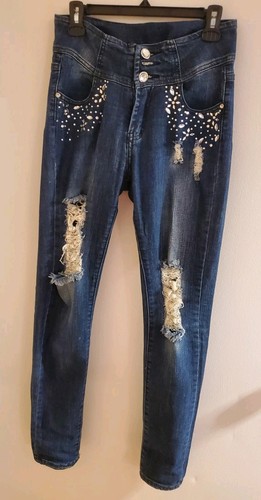 Dark Blue Rinsed women's Diamond Studded ripped jeans Size 7