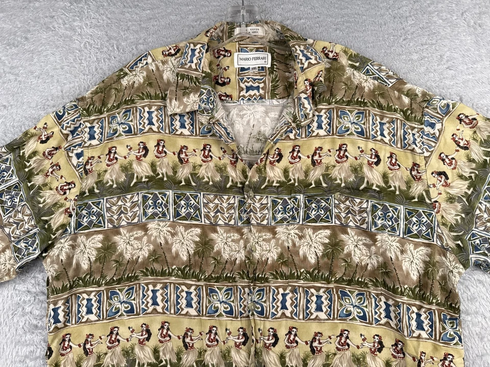 Mario Ferrari 衬衫男式 2XL XXL 绿色黄色瓷砖棕榈 Luau 女孩夏威夷人造丝 — 第 4/4 张图片