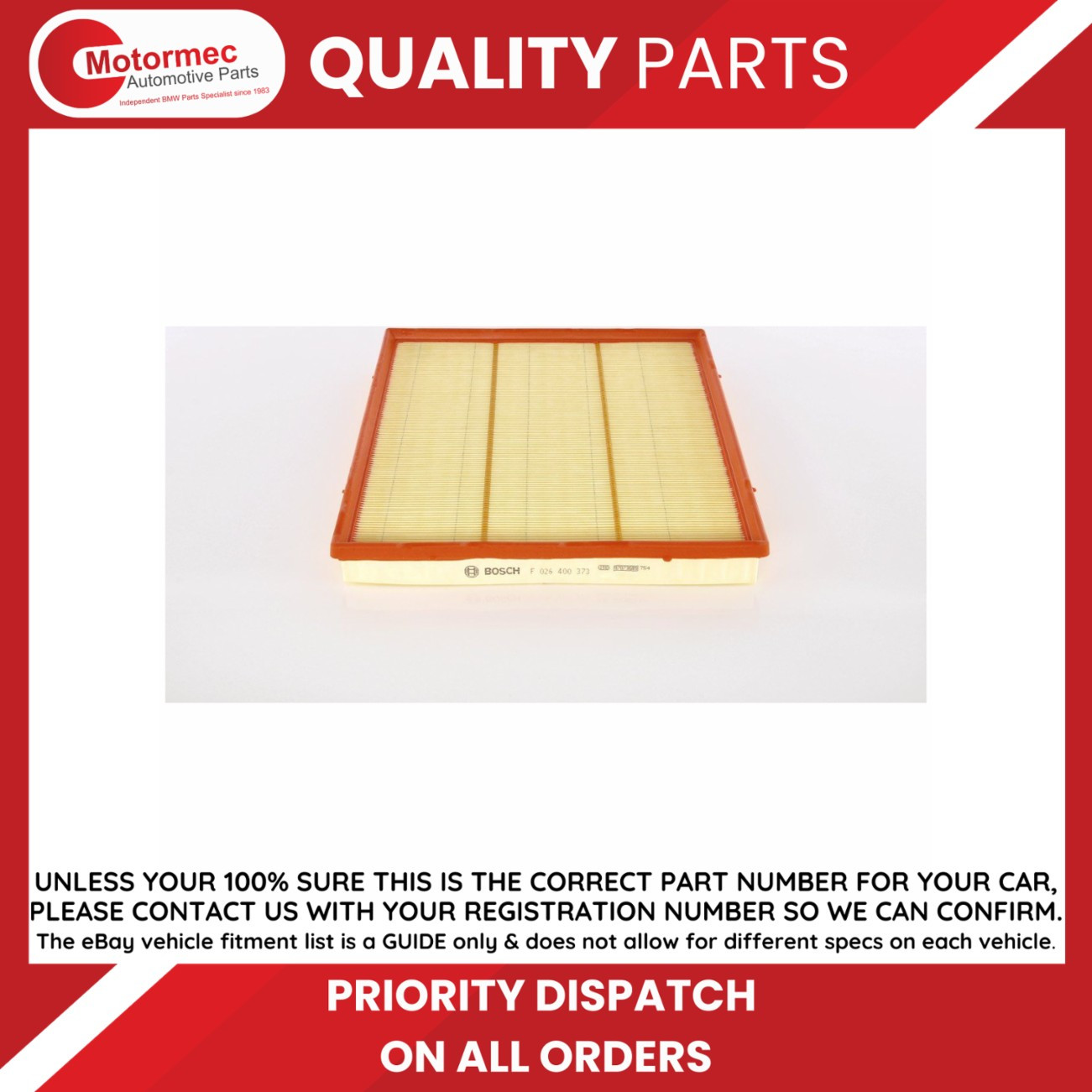 Fits BOSCH FILTRY F 026 400 373 AIR FILTER - Image 3