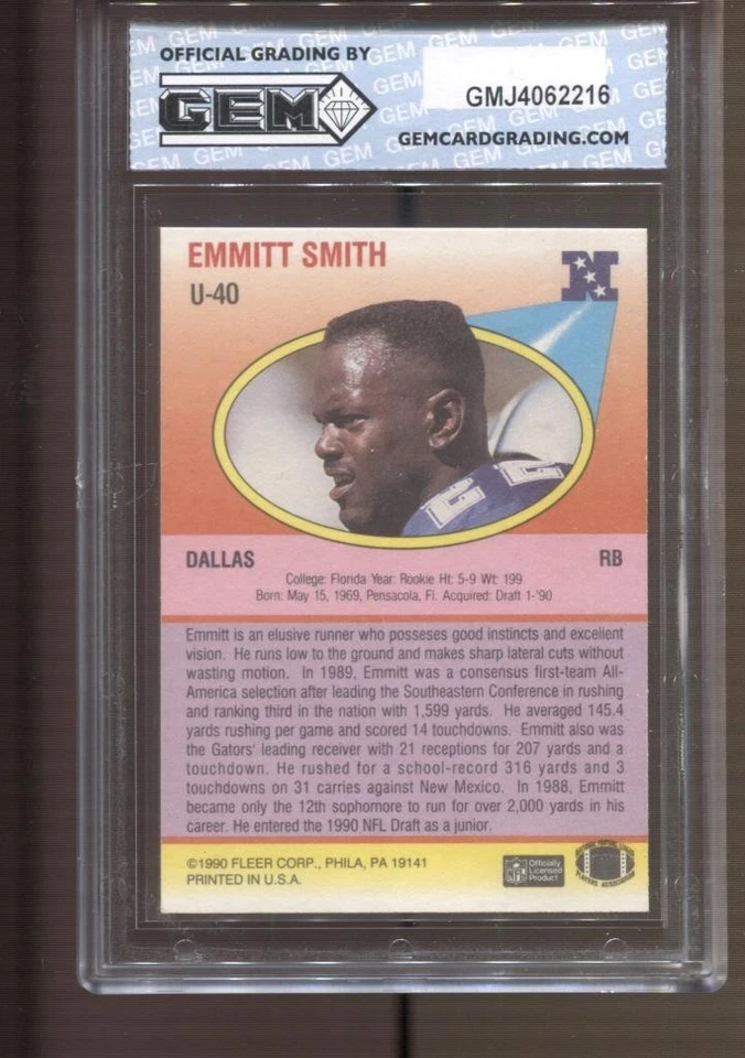 1990 Emmitt Smith Fleer Update #U-40 Gem Mint 10 RC Dallas Cowboys - Image 2 of 2