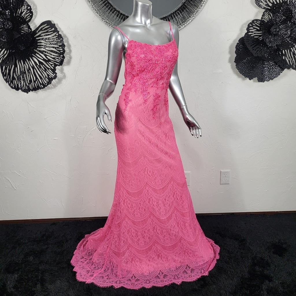 NWT~$410~MORRELL MAXIE~SZ 10~PINK EMBROIDERED LACE SEQUIN PROM EVENING DRESS