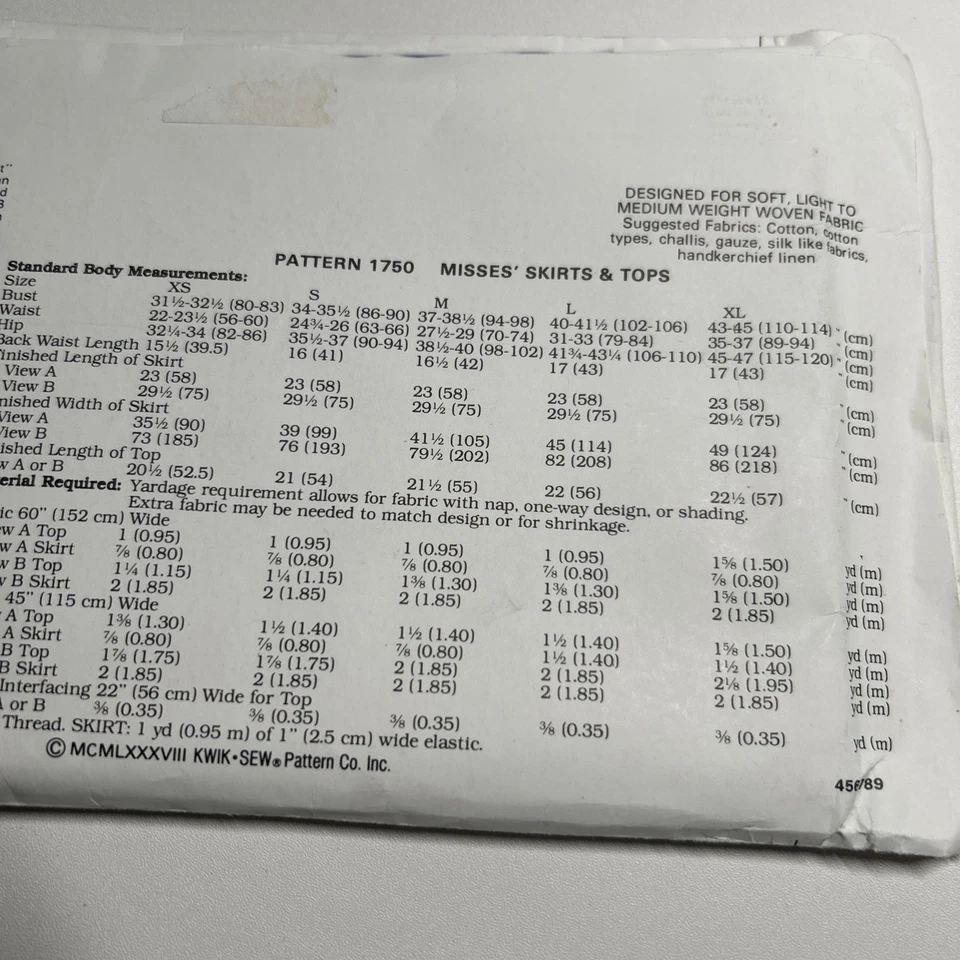 Kwik Sew 1750 Misses Sz XS- XL Top & Skirt Sewing Pattern PreCut On XL: All Pcs - Image 4 of 4