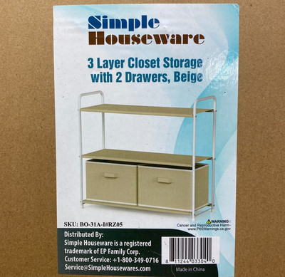 Simple Houseware 3-Tier Closet Storage with 2 Drawers, Beige NEW IN BOX