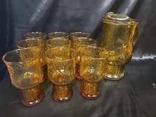 Set Of 10 Vintage Libbey Country Garden Amber pitcher and Glasses 1960s MCM