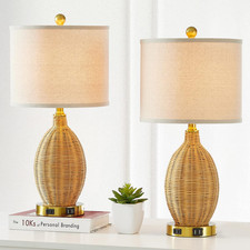 Dimmable Rattan Table Lamps Set of 2 with USB Ports  AC Outlet, Gold