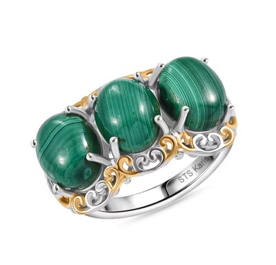 Karis 3 Stone 13.80CTW African Malachite Ring Sz 8 18kt YG Plated Platinum Bond 