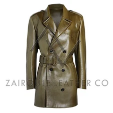 Olive Green Leather Coat Womens, Belted Double-Breasted Trench Style Jacket Chic