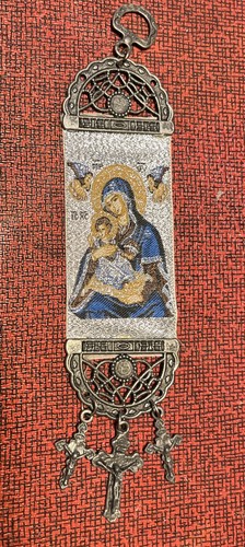 Virgin Mary w/Jesus Icon Banner with Crosses Tapestry Room Door Decoration 8in - Picture 1 of 5