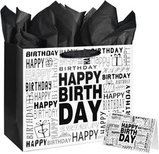 13" Large Black and White Happy Birthday Gift Bag with Tissue Paper and Card for