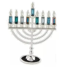 Napier Menorah Pin Hanukkah Silver Tone Multi Colored Blue ish Stones w Gift Box