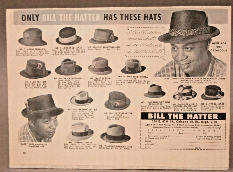 LARRY DOBY 1958 Testimonial Ad for BILL THE HATTER Hats in Chicago  shrunkwrap | eBay