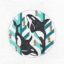 2 Orca Killer Whales 18m handpainted Needlepoint Ornament Canvas Melissa Prince