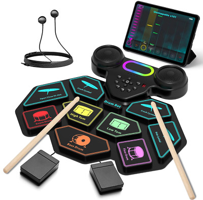 2024 Portable 9-Pad Electronic Drum Set w/ Bluetooth, Speakers, LED Lights & MID