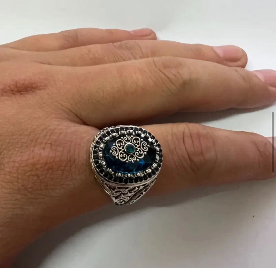 Large Turkish Silver Plated Blue Topaz Ring Women’s Statement Ring Size 8 🎁 - Image 2 of 4