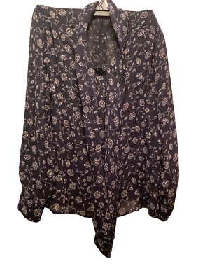 Vtg Rena Rowan for Saville Pussy Bow Blouse Sz 10 Black Floral Sheer Long Sleeve