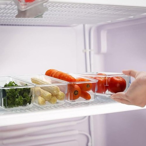 4 Pack Refrigerator Organizer Storage Bins,3 Removable Dividers Clear Food Grade