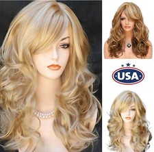 Womens Long Curly Hair Wigs Oblique Bangs Party Full Wig Daily /Cosplay Gift USA