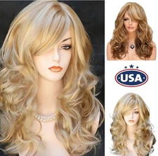 Womens Long Curly Hair Wigs Oblique Bangs Party Full Wig Daily /Cosplay Gift USA
