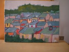 QUADRO OLIO SU TELA 40x30 (senza cornice) GRUPPETTO CASE TETTI BLU. ANNI 70'