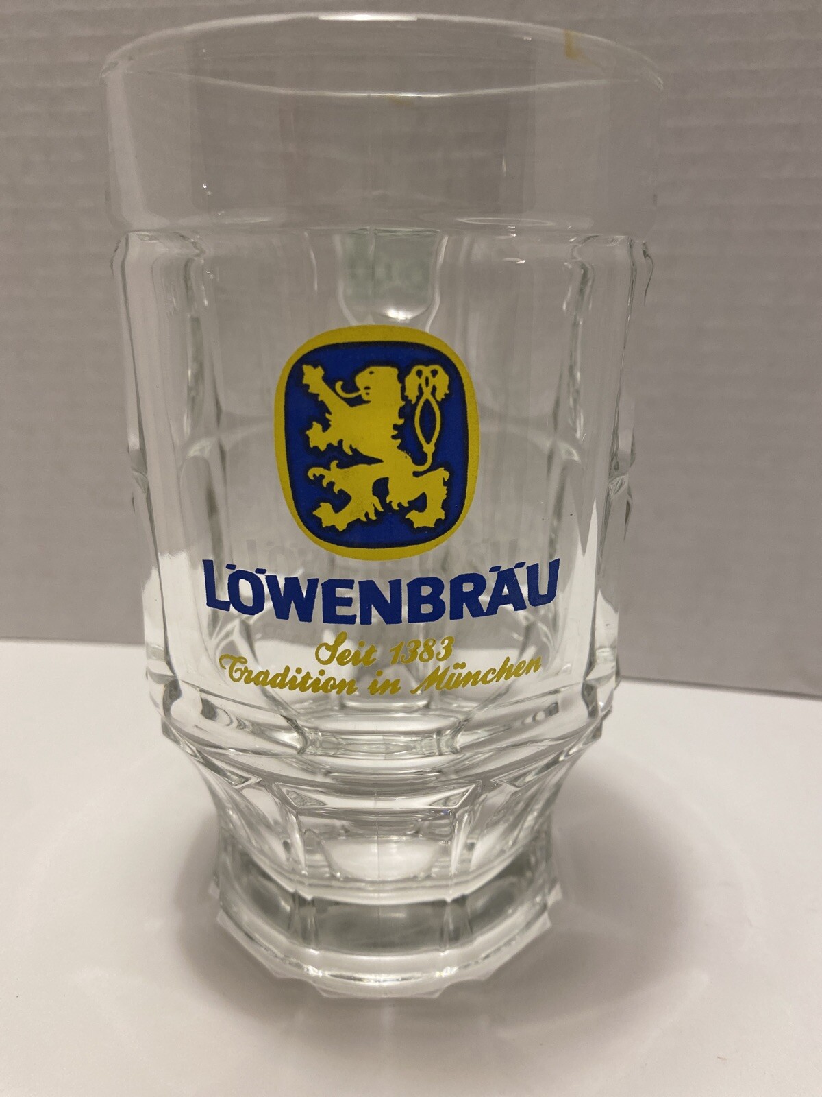 Vintage .5L Lowenbrau Clear Glass Beer Mug Seit 1383 Tradition In