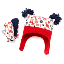 Jumping Beans Toddler Hat Mittens Set Red Boys Size 6M-18M Camping Woods Fleece