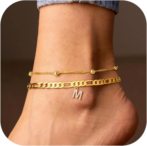 Ankle Bracelets for Women, 14K Gold Plated Dainty Layered Chain CZ Initial An... - Picture 3 of 12