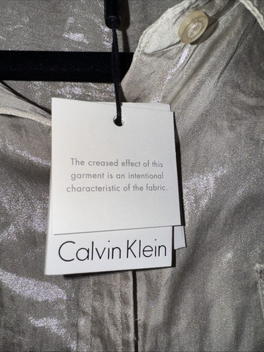 Calvin Klein Gold Metallic Button Top Long Sleeve Roll Up Button Blouse Large - Picture 3 of 6