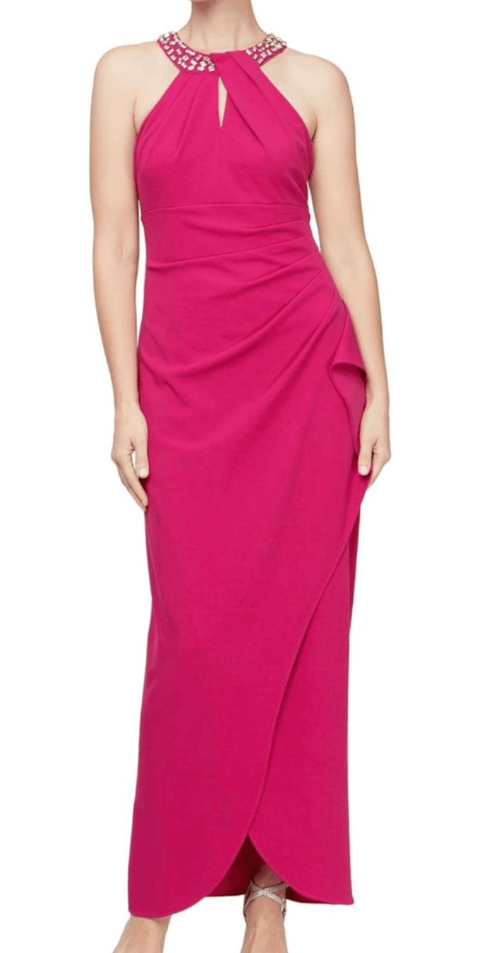 SLNY NWT pink crepe embellished neckline draped maxi dress 10