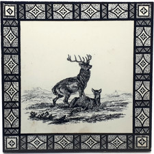 Arts & Crafts 8" Transfer-Printed Tile Elk & Deer by Craven Dunnill & Co C1880